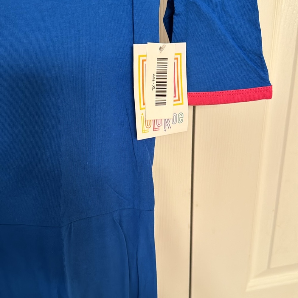 Lularoe Ana dress blue with pink trim neck and arms NWT - Picture 3 of 5